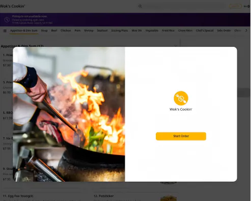 Wok's Cookin' Online Order Page Background, a Chinese Restaurant in Castaic
