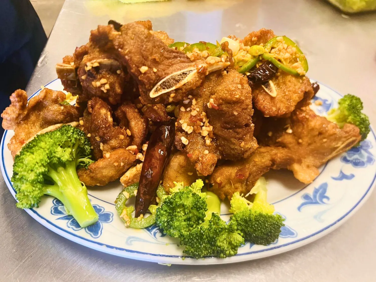 Crispy salt & pepper pork chops with veggies at Wok's Cookin', a Chinese Restaurant in Castaic